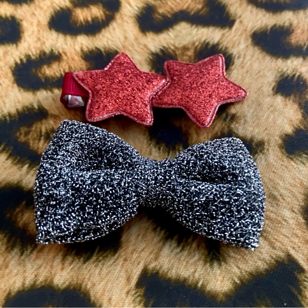 Red Glitter Stars and Black and Silver Shimmer Hair Bow Hair Clips - Picture 3 of 7